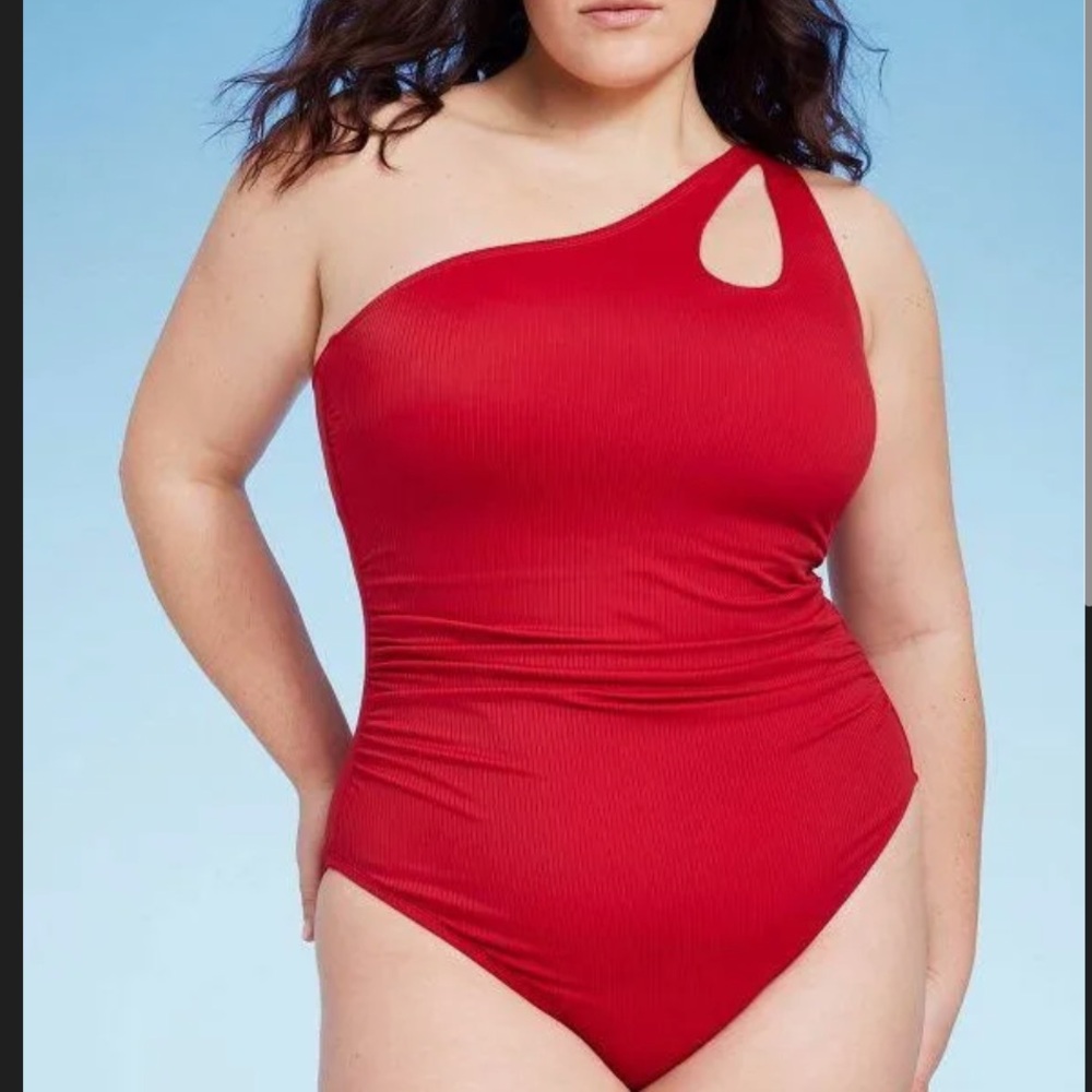 One-Shoulder ribbed Red Shade & Shore swimsuit
